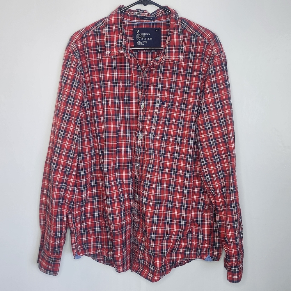 American Eagle Men's Red/Blue Long Sleeve Button Up Casual Shirt, Size XXL